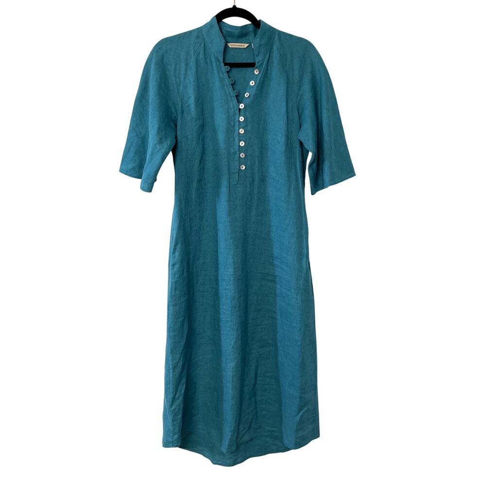 Soft Surroundings Womens Theodora Dress XS Teal Blue Linen Modest Lagenlook Maxi